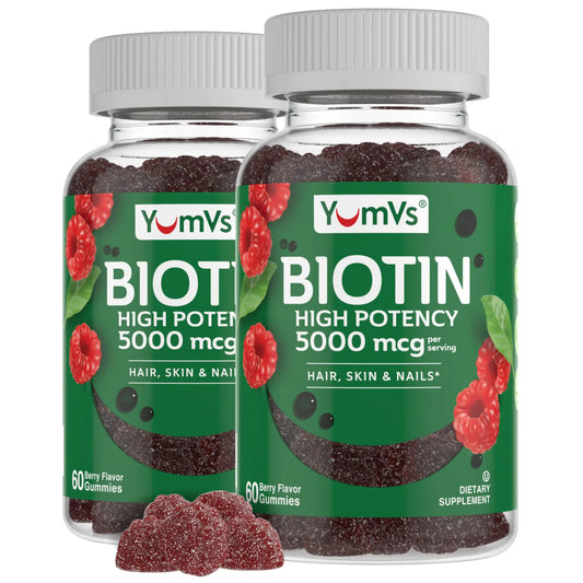 YumVs Biotin Gummies 5000mcg - Luscious Raspberry Flavor - Thicker Faster Hair Growth Gummies for Women or Men - Hair Skin & Nails Vitamins - Hair Gummies - Vegetarian Biotin Supplement (60 Ct. 2pk)