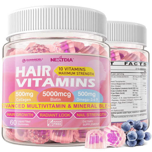 Hair Vitamins Gummies + Collagen Peptides Biotin Omega-3 6 9 for Women Men/w Vitamin A C B Iron Zinc - Multivitamin Gummies for Follicles Hair Growth & Strength Skin Nails Health - 60Cts
