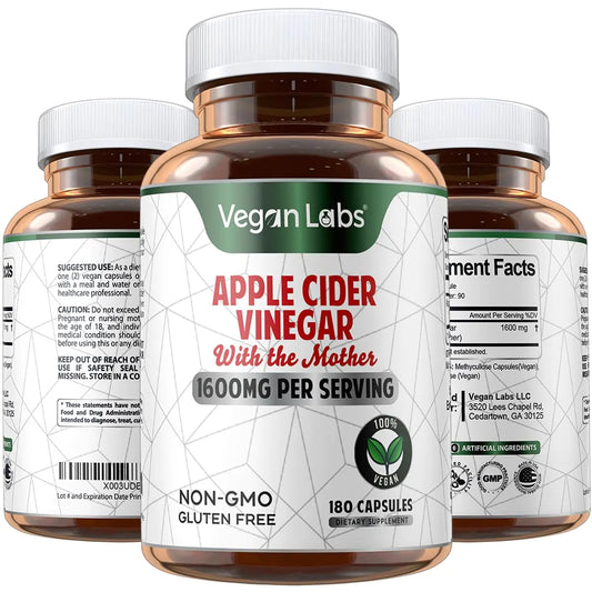Vegan Labs Apple Cider Vinegar Capsules with The Mother- 180 Vegan Capsules 1600MG Per Serving- 100% Natural ACV Pills- Supports Healthy Digestion Keto Weight Management Detox and Immune System