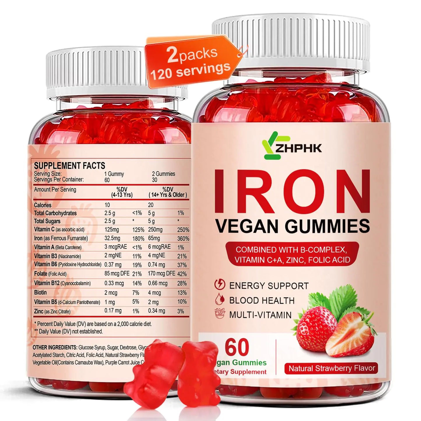 ZHPHK Iron Supplement Gummies for Women Men & Kids 65mg Iron & 250mg Vitamin C per Serving - Blood Builder & Immune Support Iron Vitamin Iron Gummy Vitamin with Folate 2 Pack