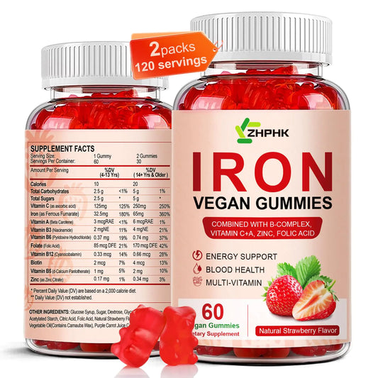 ZHPHK Iron Supplement Gummies for Women Men & Kids 65mg Iron & 250mg Vitamin C per Serving - Blood Builder & Immune Support Iron Vitamin Iron Gummy Vitamin with Folate 2 Pack