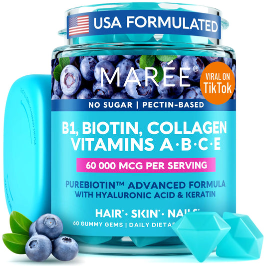MAREE Vitamin B1 Thiamine & B7 Biotin Gummies - A E D C Vitamins Complex with Keratin Collagen Hyaluronic & Pantothenic Acid for Skin Nails & Hair